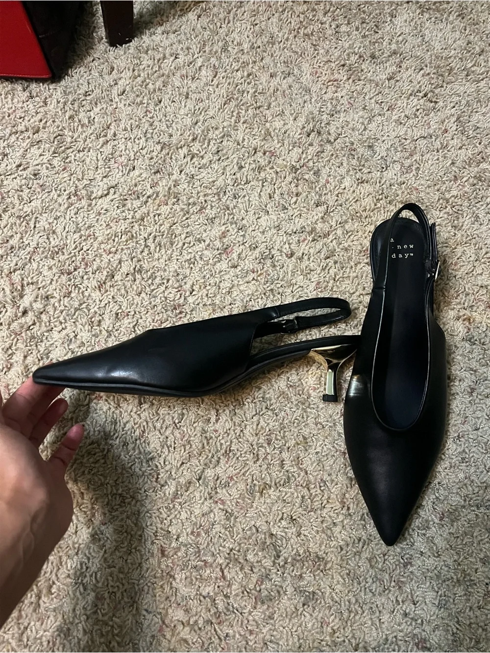 a new day Black Pointed Slingback Heels with Gold Accent